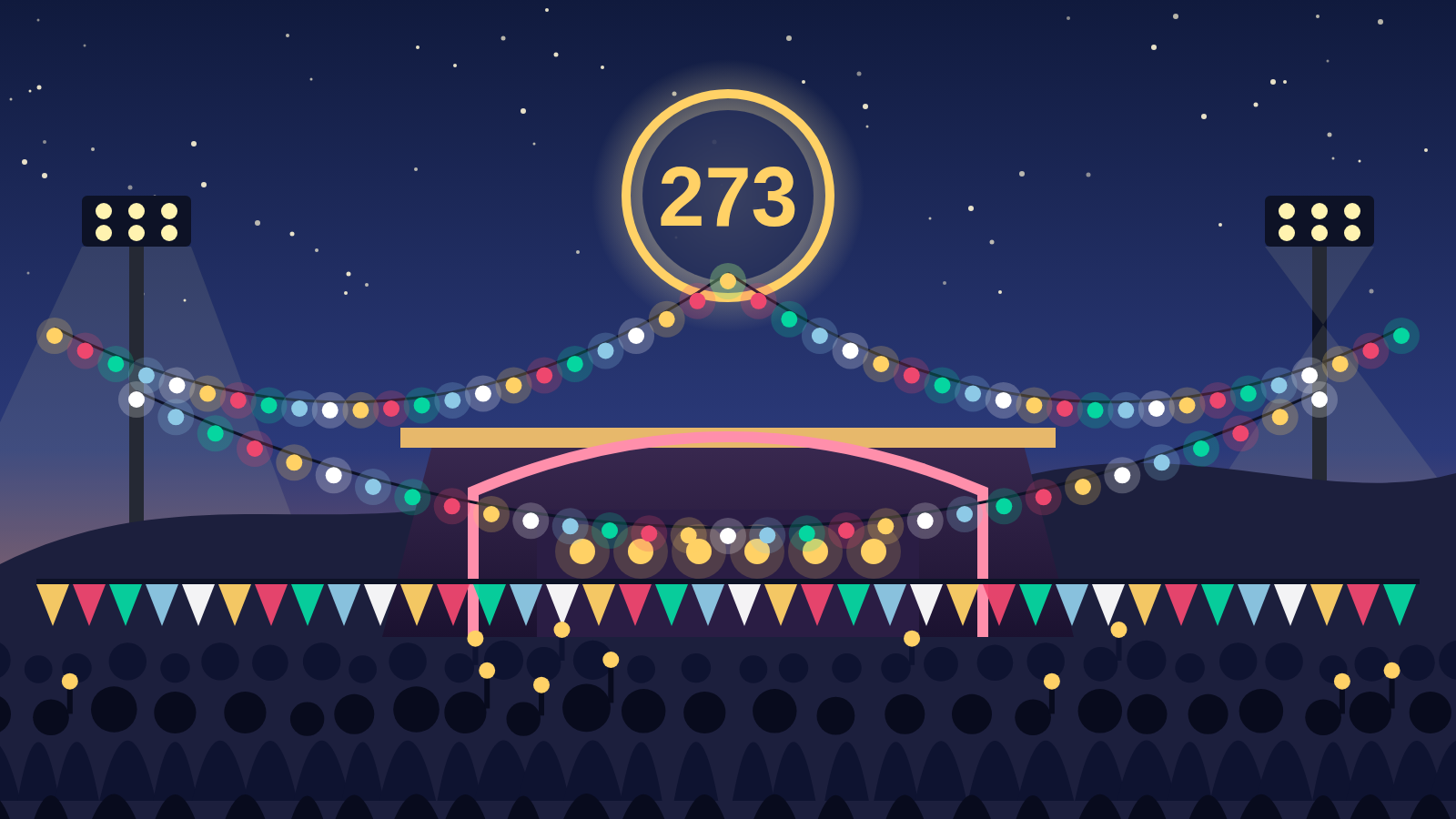 Ilustración editorial de un escenario de fiesta con guirnaldas de luces, banderines, público y el número 273 sobre un anillo dorado