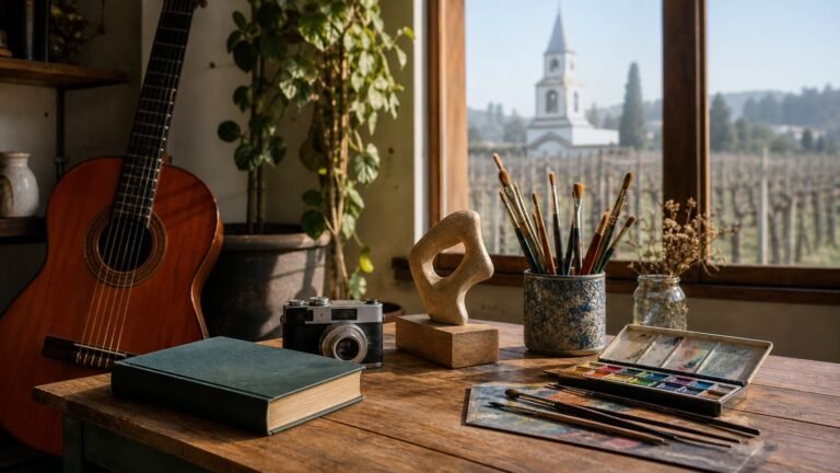 Ilustración referencial de disciplinas artísticas con una vista de Casablanca al fondo