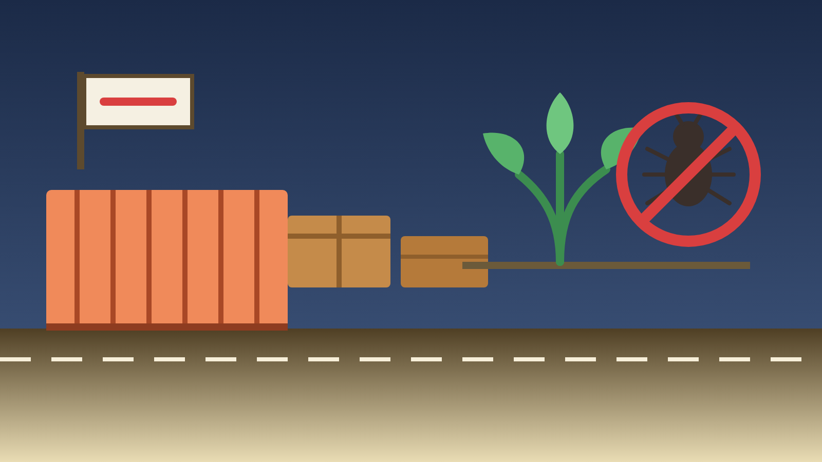 Ilustración editorial de un contenedor y cajas junto a una planta y un insecto dentro de un símbolo de prohibido, bajo un letrero de control