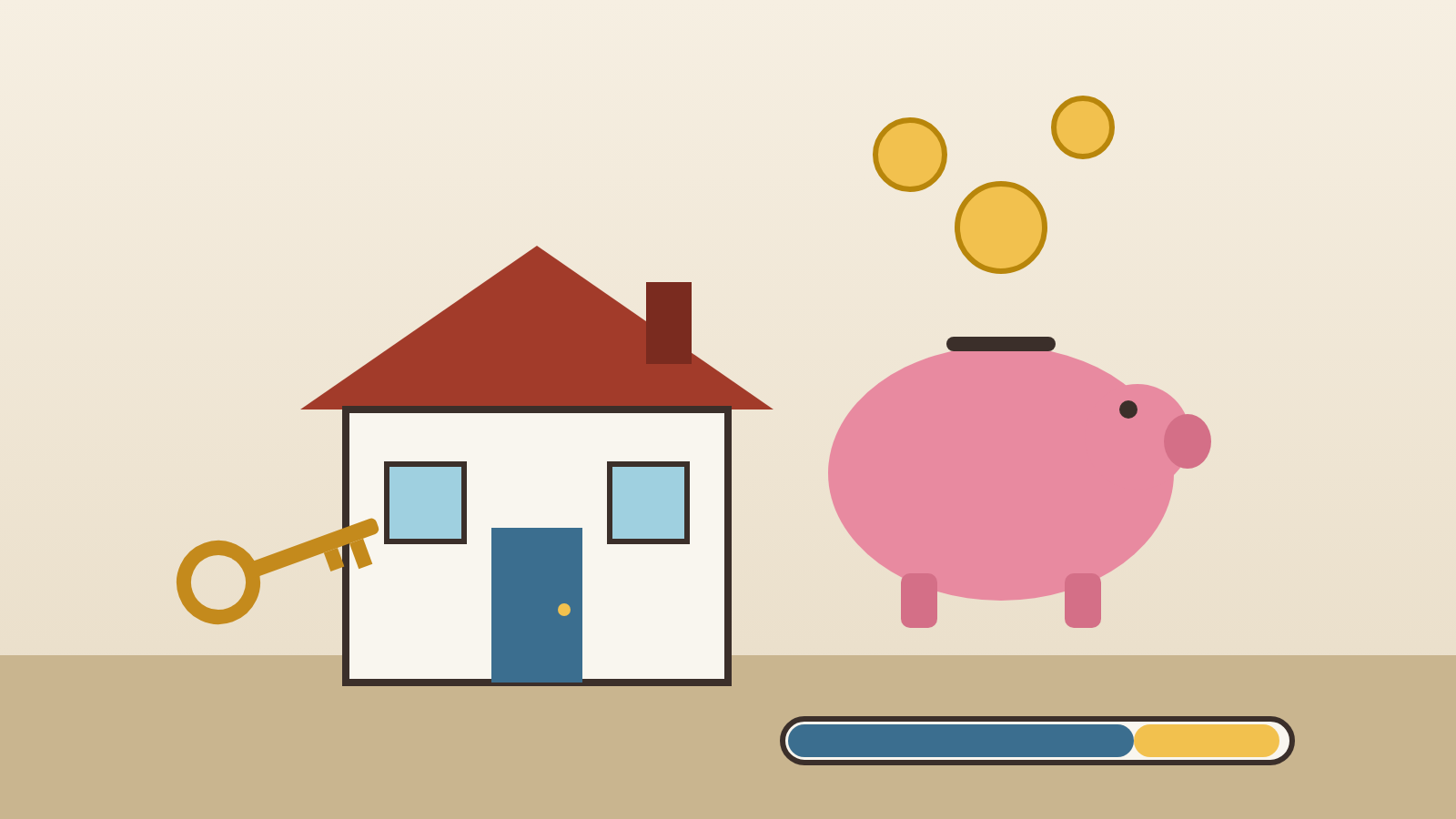 Ilustración editorial de una casa, una llave, una alcancía con monedas y una barra de avance de ahorro