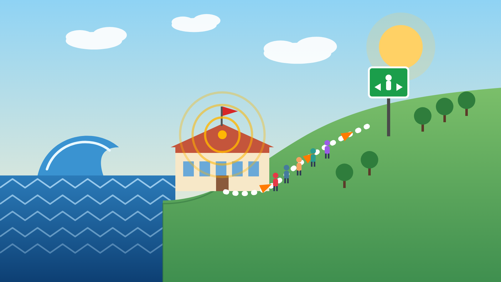 Ilustración editorial de una escuela junto al mar con una alarma sonando y un grupo de estudiantes caminando por un sendero hacia una señal verde de punto de encuentro en la parte alta