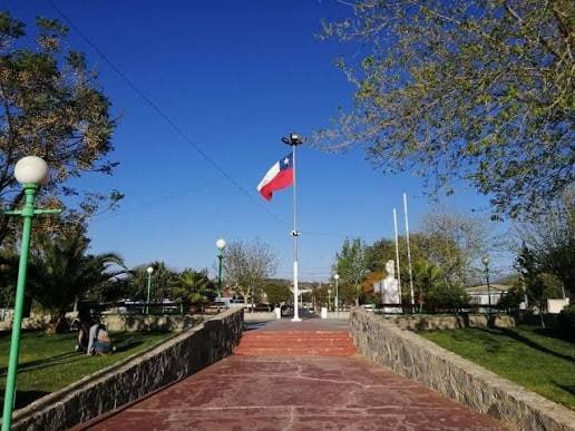 Vista de una plaza con sendero, árboles y bandera chilena