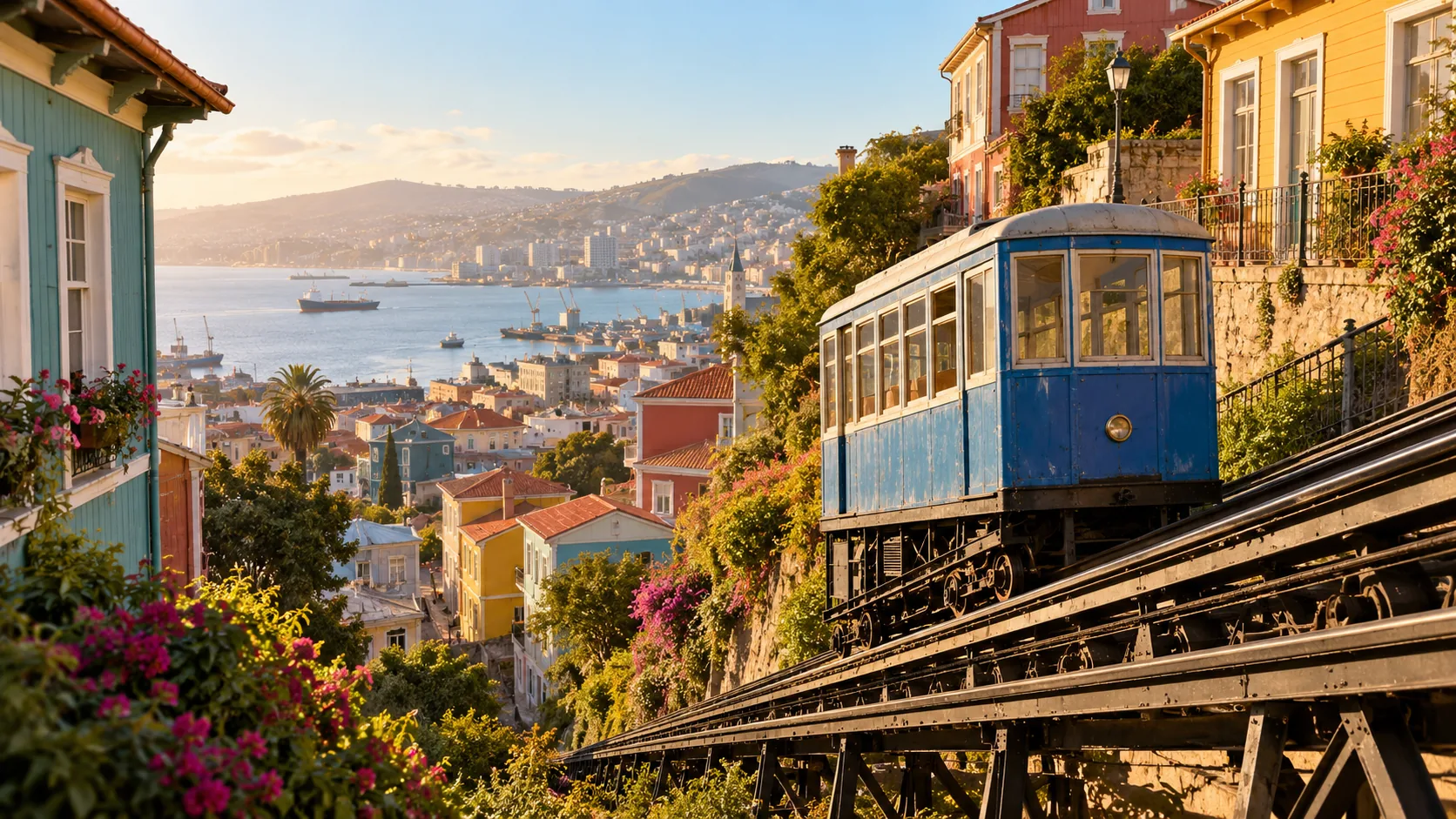 Ilustración de un ascensor sobre rieles en una ladera